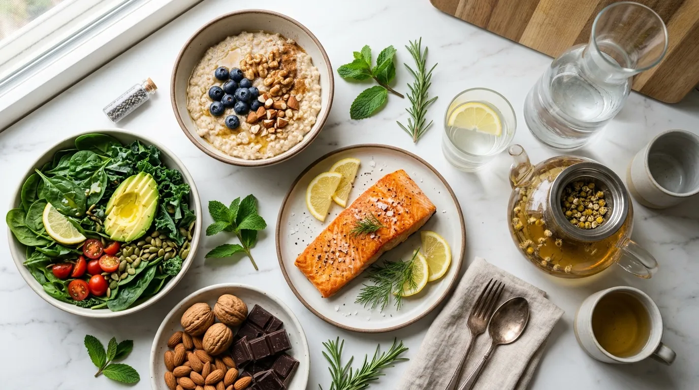 Anti-Anxiety Nutrition: Magnesium-rich greens, omega-3 salmon, complex carbs, nuts, and herbal tea