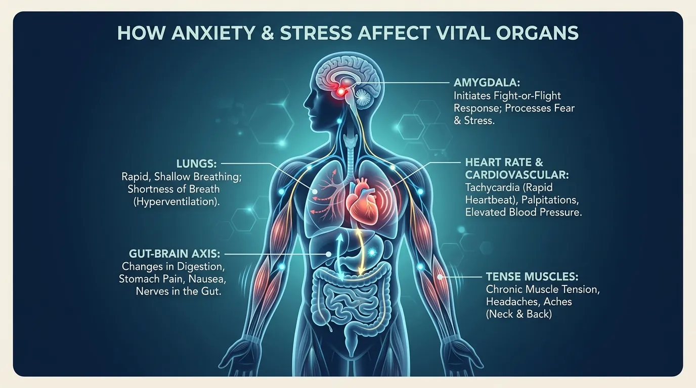 How Anxiety and Stress Affect Vital Organs: Amygdala, Lungs, Heart, Gut-Brain Axis, and Muscles