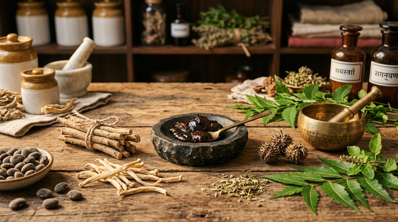 Ayurvedic herbs for sexual stamina and vitality: Pure Himalayan Shilajit resin, Ashwagandha roots, Safed Musli, Kaunch Beej, and Gokshura botanical remedies