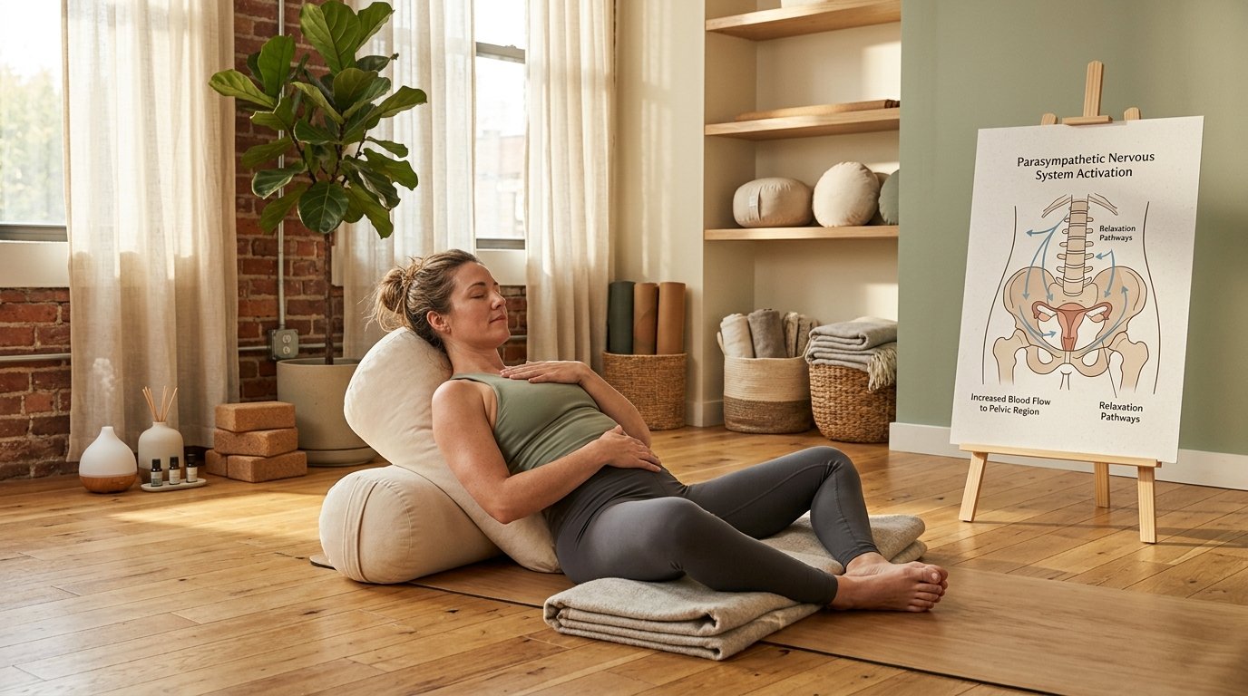 Fertility Yoga Poses: Supported Reclining Bound Angle Pose for Pelvic Blood Flow Woman practicing supported Supta Baddha Konasana pose on yoga bolster with pelvic relaxation diagram for fertility