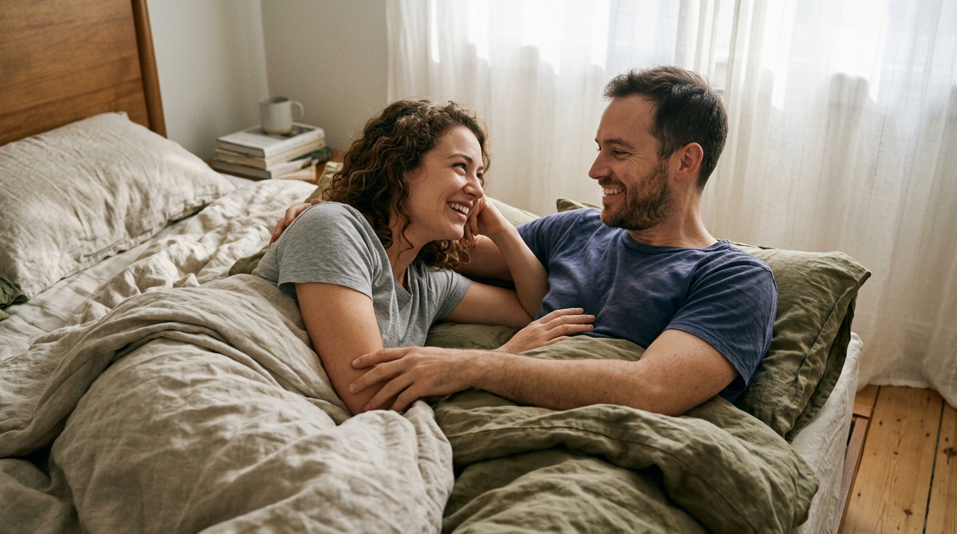 Post-Sex Intimacy: Emotional Aftercare, Comfort, and Myth Debunking Affectionate partners resting comfortably and smiling together in bed under cozy blankets during gentle aftercare