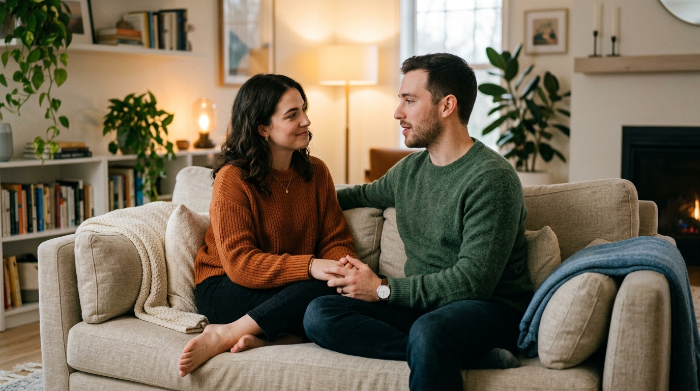 Emotional Communication, Trust, and Overcoming First-Time Sex Fears Young couple communicating openly and holding hands on sofa in cozy warm living room before intimate conversation