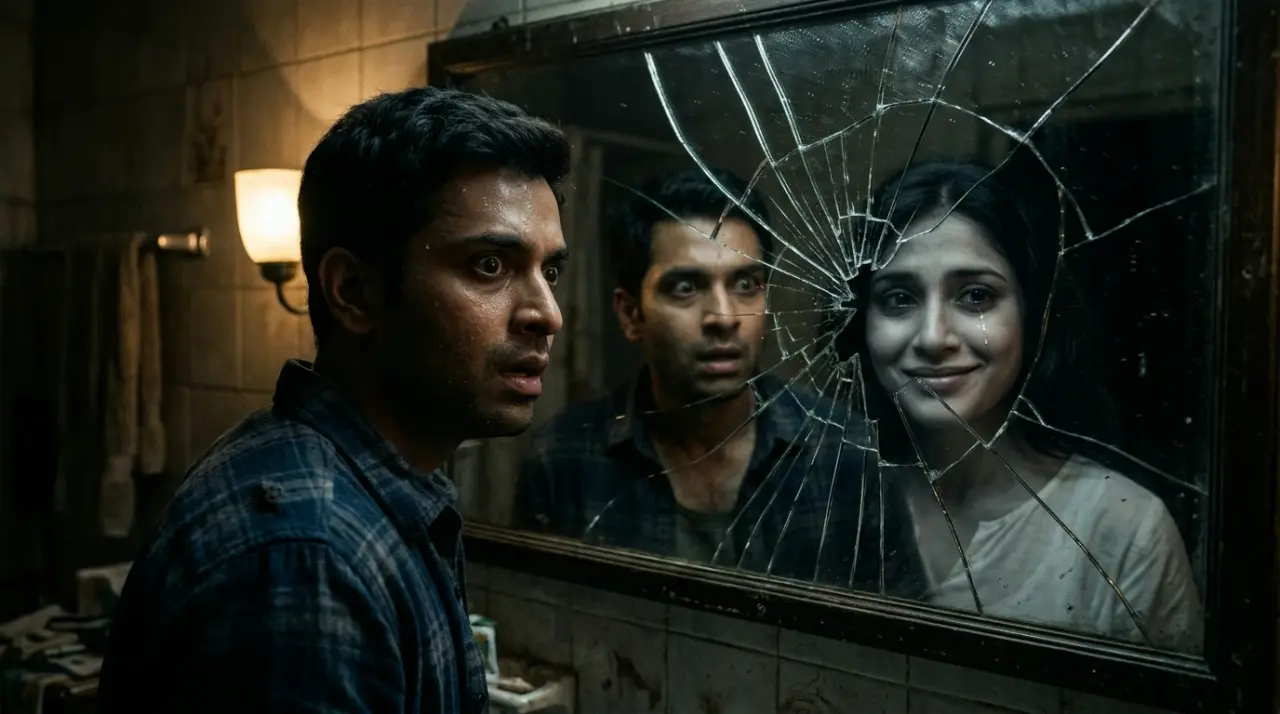 Scene 5: INT. ARJUN'S APARTMENT — THE MIRROR - The Girl In Every Face Scene 5: INT. ARJUN'S APARTMENT — THE MIRROR - The Girl In Every Face Horror Movie Scene Still 4K Wallpaper