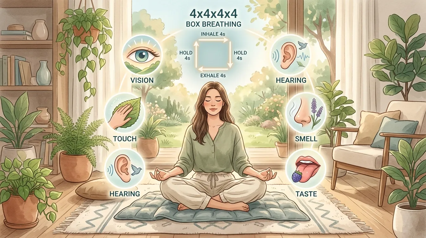 4x4x4x4 Box Breathing and 5-4-3-2-1 Sensory Grounding Technique Visualization