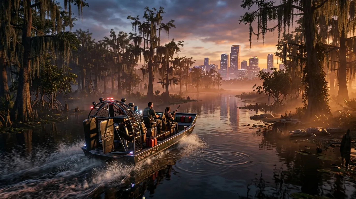 Leonida Wetlands Exploration: Custom airboat cruising through swamp waterways with Vice City skyline in the background