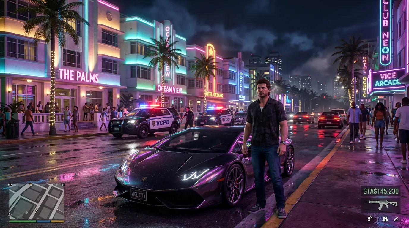 Jason Duval in Vice City: Neon-lit boulevard with police cruisers and luxury sports car