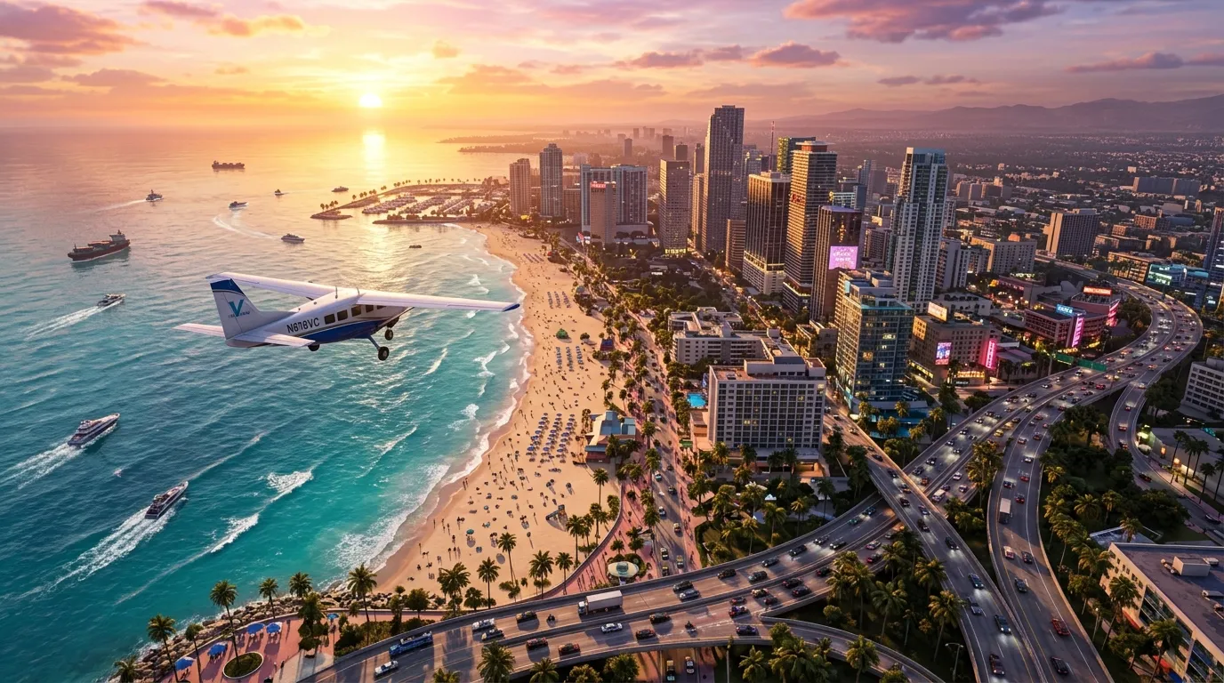 GTA 6 Vice City Aerial View: Light aircraft soaring over the sun-drenched turquoise coastline, skyscrapers, and highways