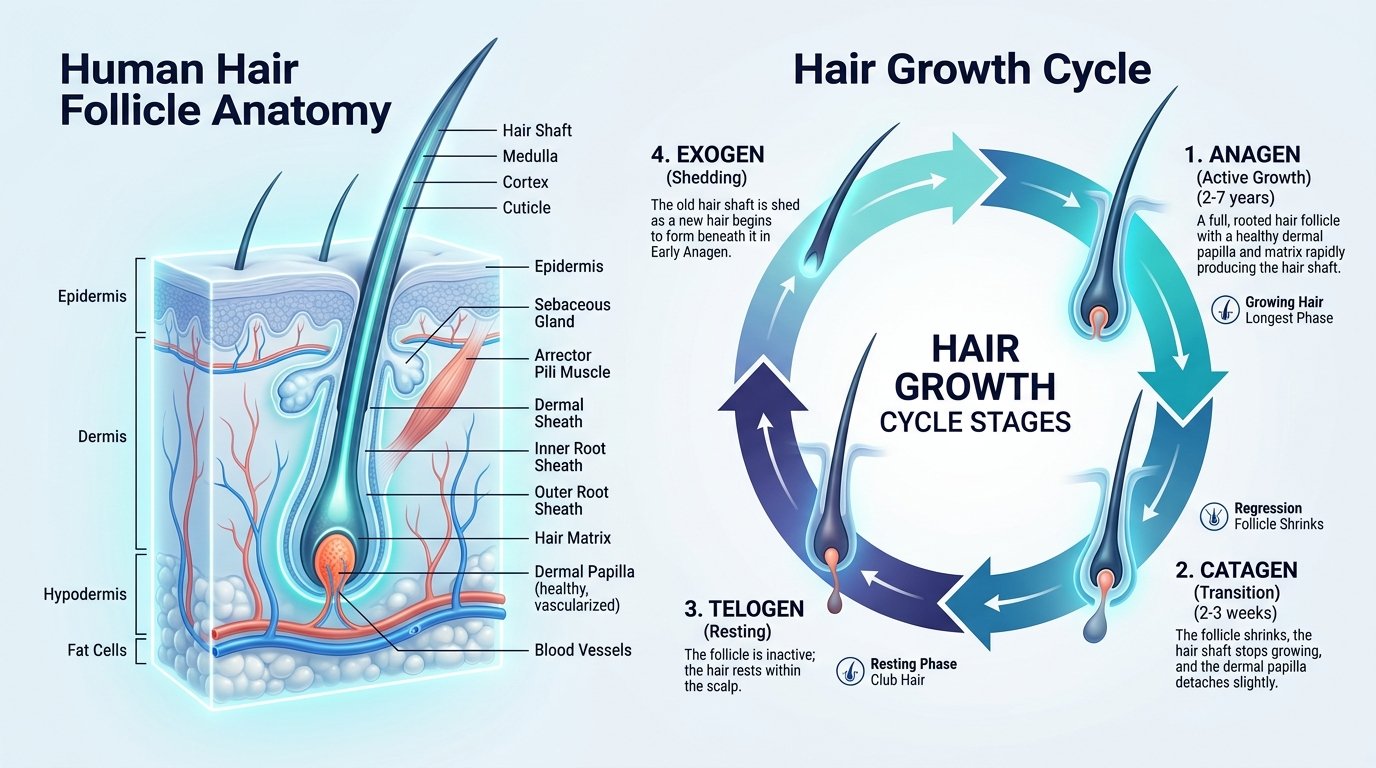 Hair Growth Cycle Diagram & Follicle Anatomy Human Hair Follicle Anatomy and Hair Growth Cycle Stages: Anagen, Catagen, Telogen, and Exogen stages diagram