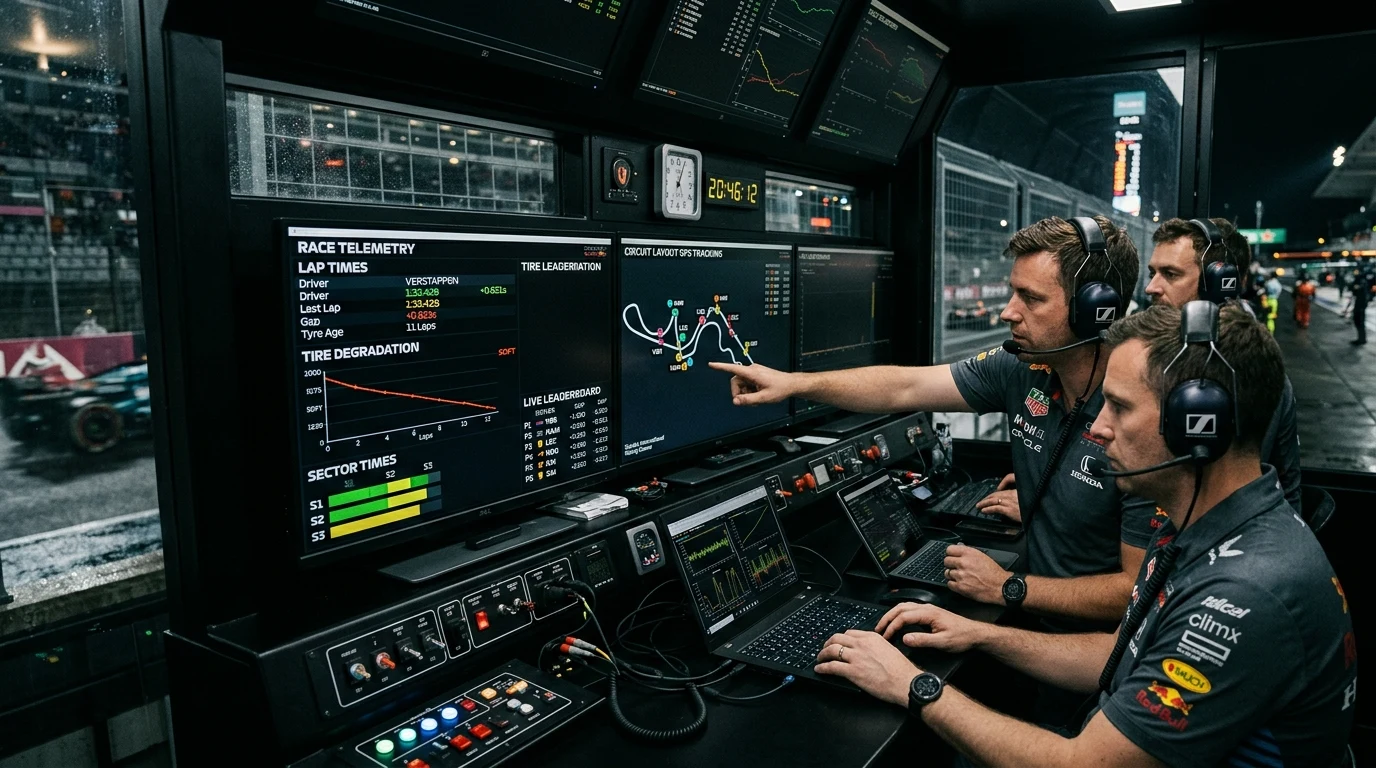 Motorsport Pit Wall Race Engineering Telemetry Station Monitoring Real-Time Lap Times and Degradation Curves Motorsport Pit Wall Race Engineering Telemetry Station Monitoring Real-Time Lap Times and Degradation Curves