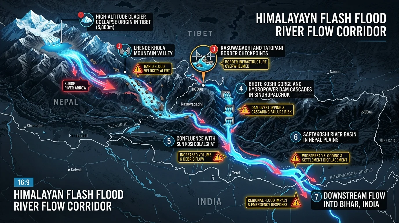 Himalayan Flash Flood River Flow Corridor: Origin at Glacier Collapse in Tibet down to Bhote Koshi, Saptakoshi, and Bihar India Himalayan Flash Flood River Flow Corridor: Origin at Glacier Collapse in Tibet down to Bhote Koshi, Saptakoshi, and Bihar India