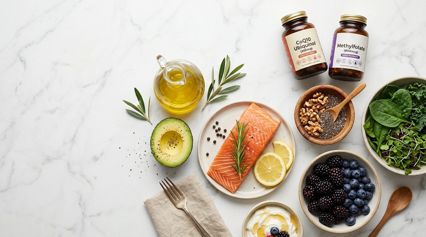 Ovary Health Diet and Egg Quality Nutrients: CoQ10, Healthy Fats, and Methylfolate Fertility and egg quality nutrition flatlay featuring wild salmon, avocado, EVOO, berries, walnuts, full-fat yogurt, and CoQ10 Ubiquinol