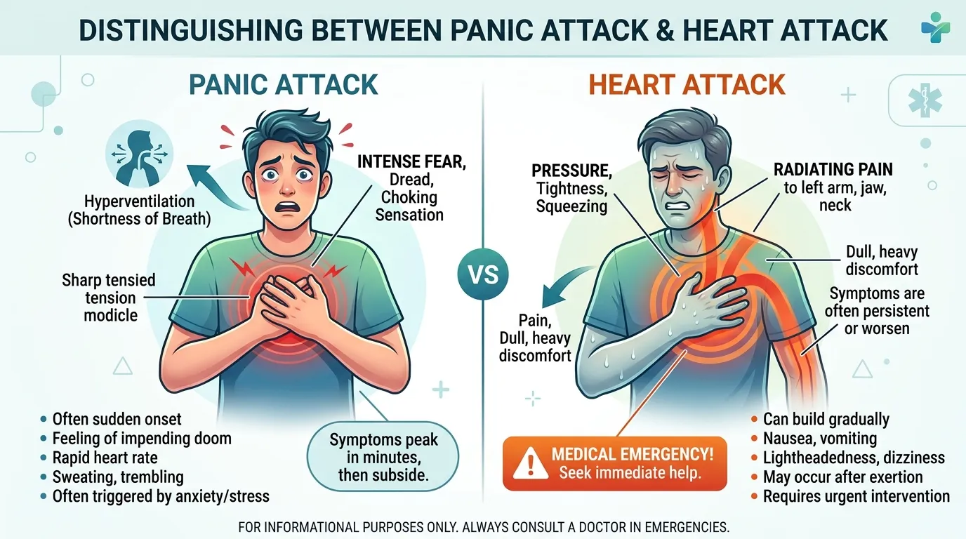 Distinguishing Between Panic Attack and Heart Attack: Chest pain type, radiation, and emergency indicators