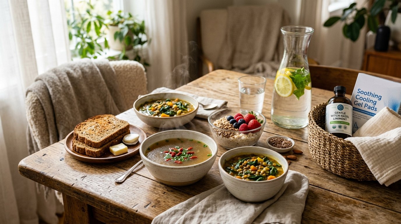 Postpartum Healing Diet: Tissue Rebuilding Protein, Iron, and Fiber Nutrient-dense postpartum healing diet with warm bone broth, iron-rich lentil spinach soup, whole grains, and soothing maternal recovery care kit