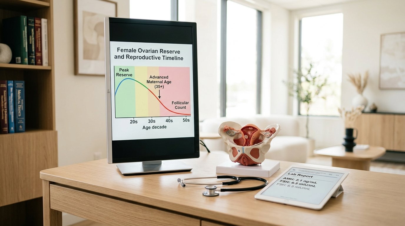 Female Ovarian Reserve and Reproductive Age Limits Timeline Medical chart illustrating female ovarian reserve and reproductive age timeline across life decades