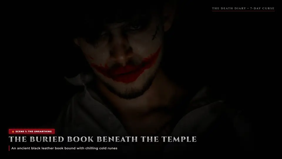 The Buried Book — Ancient Black Leather Book with Carved Runes - The Death Diary The Buried Book — Ancient Black Leather Book with Carved Runes - The Death Diary Horror Movie Scene Still 4K Wallpaper