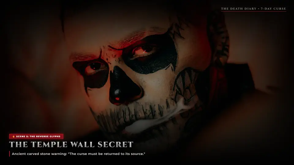 The Temple Wall Secret — Ancient Carved Glyph Warning - The Death Diary The Temple Wall Secret — Ancient Carved Glyph Warning - The Death Diary Horror Movie Scene Still 4K Wallpaper