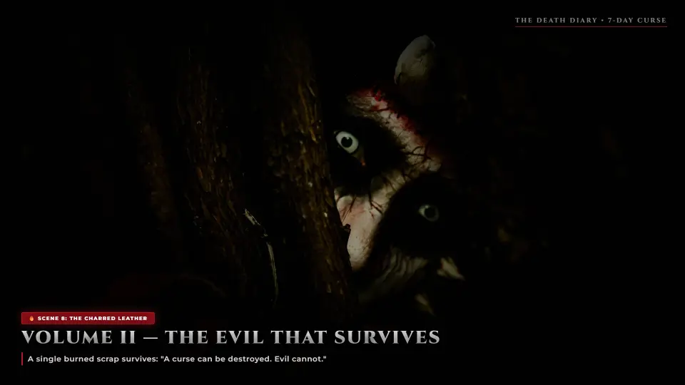 Volume II — The Charred Leather Binding That Survived - The Death Diary Volume II — The Charred Leather Binding That Survived - The Death Diary Horror Movie Scene Still 4K Wallpaper