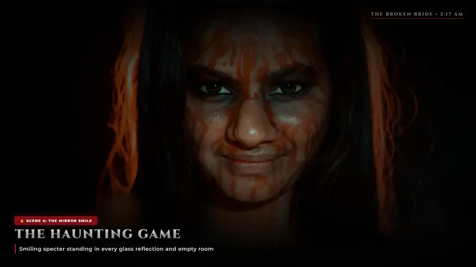 The Haunting Game — The Smiling Ghost in the Mirror - The Lover Who Came Back The Haunting Game — The Smiling Ghost in the Mirror - The Lover Who Came Back Horror Movie Scene Still 4K Wallpaper