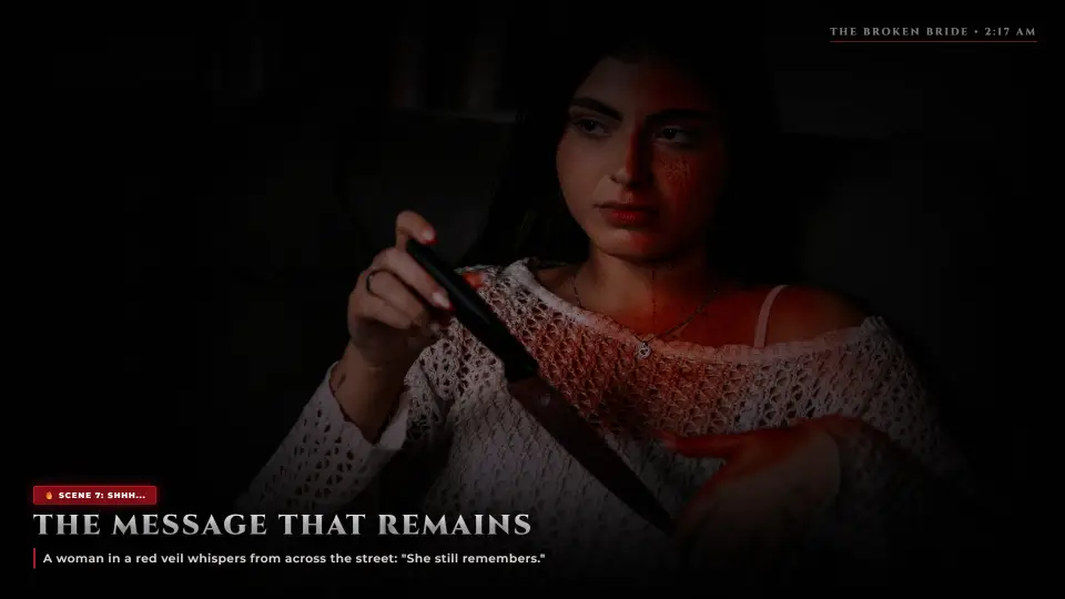 The Message That Remains — Red Veiled Bride Shhh Gestures - The Lover Who Came Back The Message That Remains — Red Veiled Bride Shhh Gestures - The Lover Who Came Back Horror Movie Scene Still 4K Wallpaper