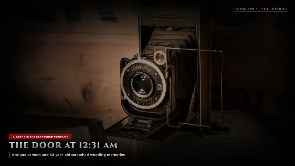 The Door at 12:31 AM — Brass Room 309 and Scratched Portrait - The Woman in Room 309 The Door at 12:31 AM — Brass Room 309 and Scratched Portrait - The Woman in Room 309 Horror Movie Scene Still 4K Wallpaper