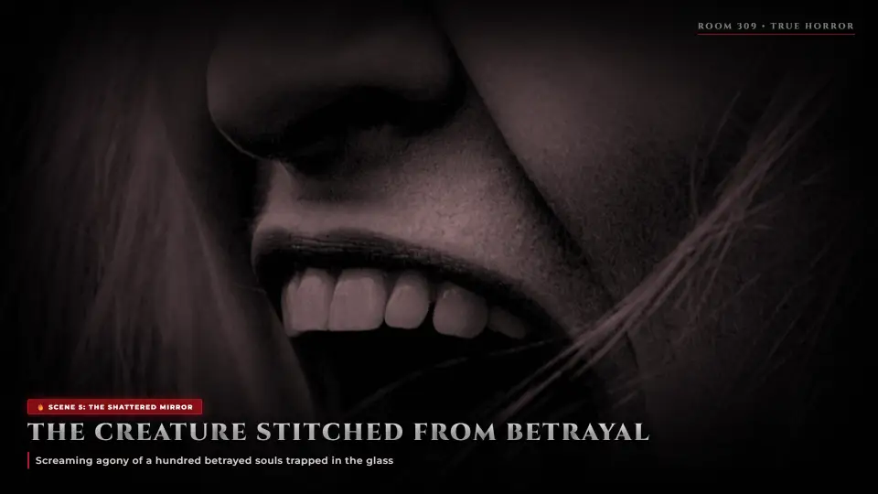 The Creature Stitched from Betrayal — Shattered Mirror Entity - The Woman in Room 309 The Creature Stitched from Betrayal — Shattered Mirror Entity - The Woman in Room 309 Horror Movie Scene Still 4K Wallpaper