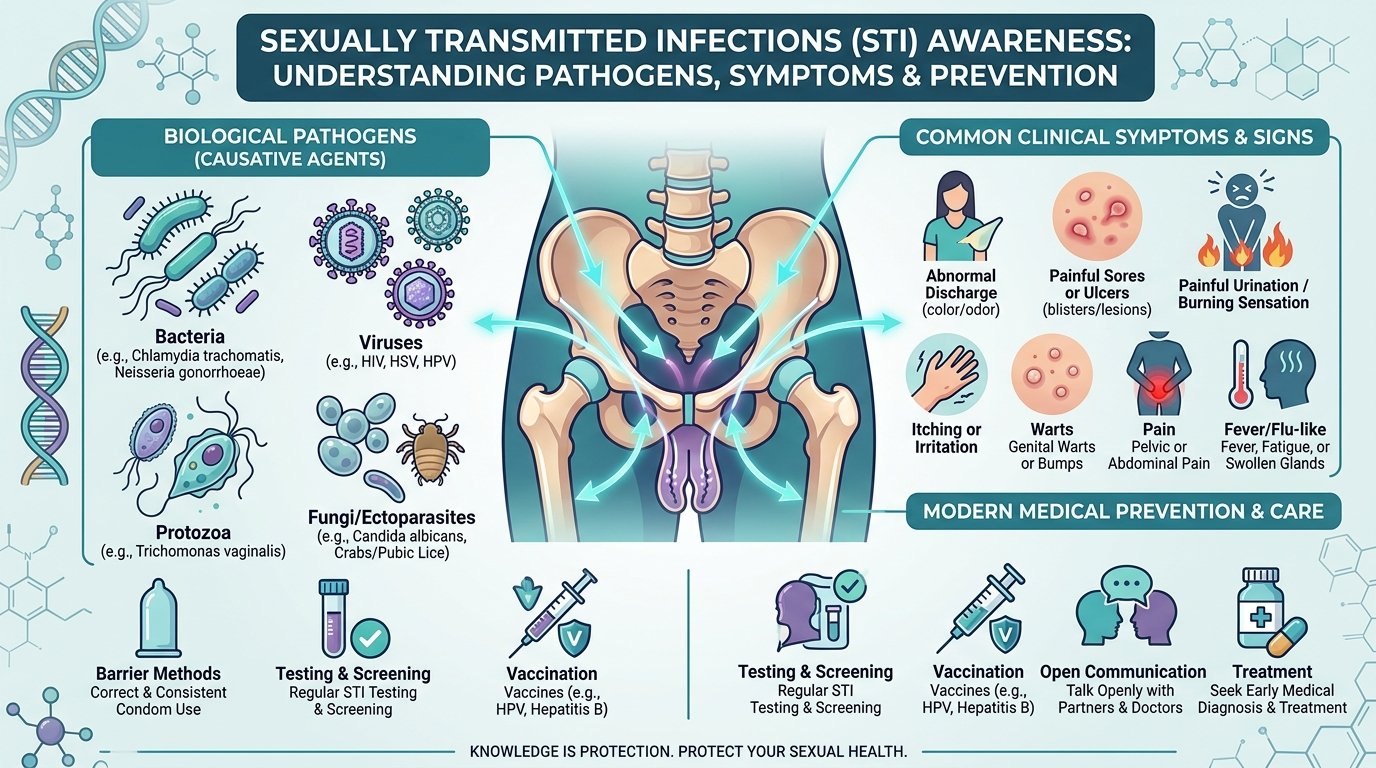 STI Pathogens, Symptoms & Prevention Infographic Sexually Transmitted Infections Awareness Infographic: Pathogens, Symptoms, and Modern Prevention
