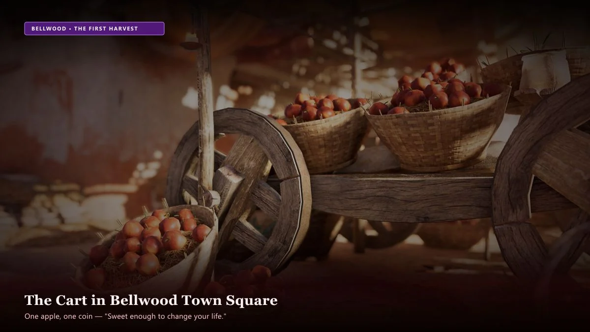 The Apple Seller — Scene 1: The Wooden Cart in Bellwood Town Square - The Apple Seller Horror Movie Scene Still 4K Wallpaper