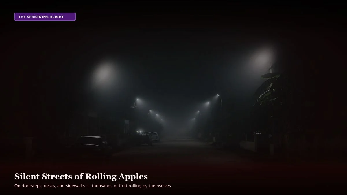 The Apple Seller — Scene 3: The Silent Streets of Rolling Apples - The Apple Seller Horror Movie Scene Still 4K Wallpaper