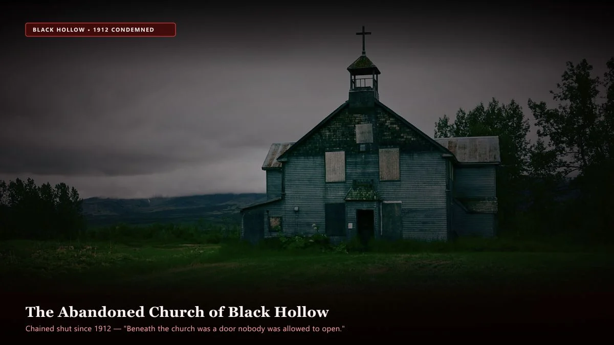 The Door Beneath the Church — Scene 1: The Abandoned Church of Black Hollow - The Door Beneath the Church Horror Movie Scene Still 4K Wallpaper
