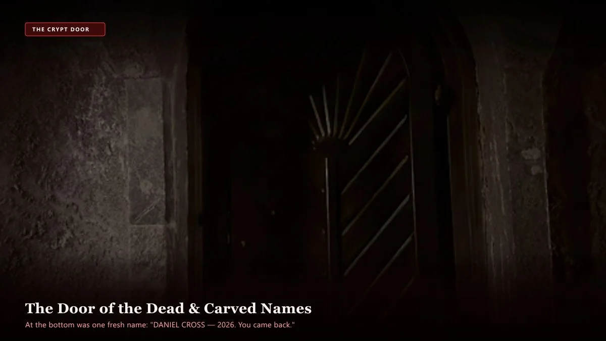 The Door Beneath the Church — Scene 2: The Door of the Dead Covered in Carved Names - The Door Beneath the Church Horror Movie Scene Still 4K Wallpaper