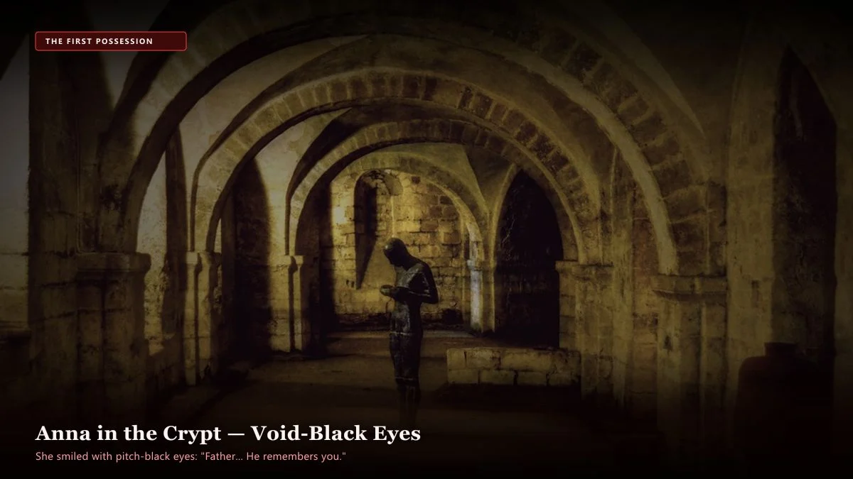 The Door Beneath the Church — Scene 4: Anna Standing in the Crypt with Void-Black Eyes - The Door Beneath the Church Horror Movie Scene Still 4K Wallpaper