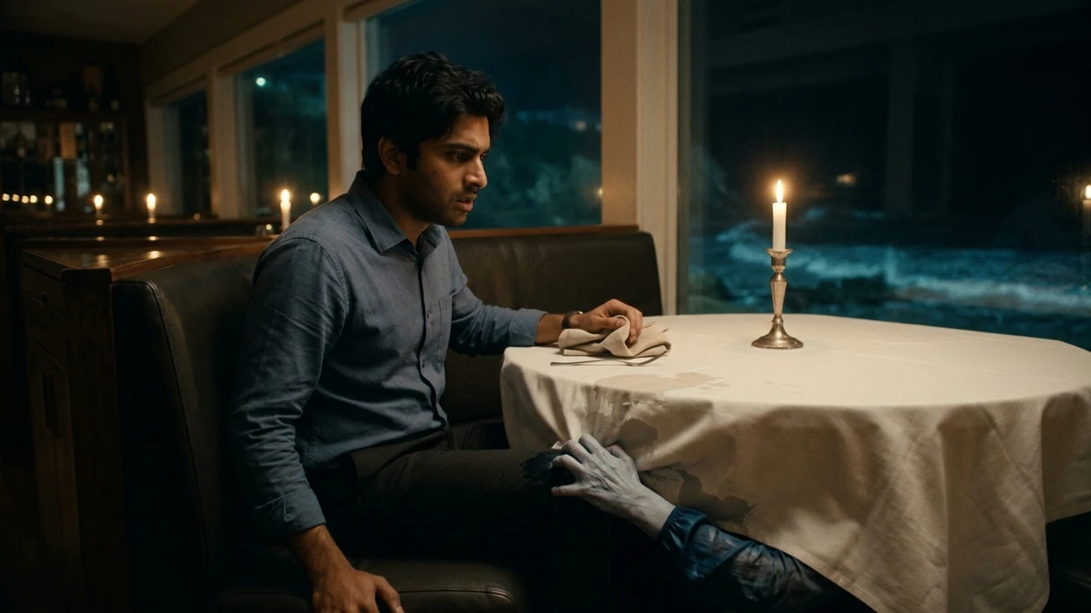 The Empty Seat — Scene 5: The Dead Hand Under the Restaurant Table & Next Customer - The Empty Seat Horror Movie Scene Still 4K Wallpaper