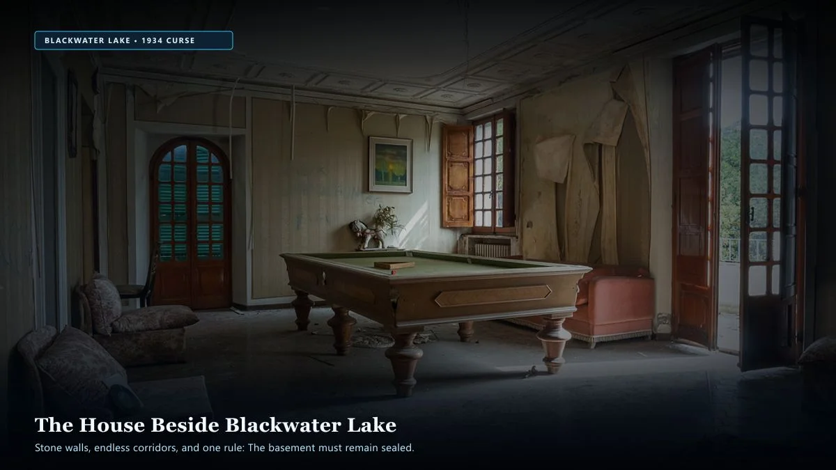 The House Beneath the Lake — Scene 1: The Sprawling Stone Mansion Beside Blackwater Lake - The House Beneath the Lake Horror Movie Scene Still 4K Wallpaper