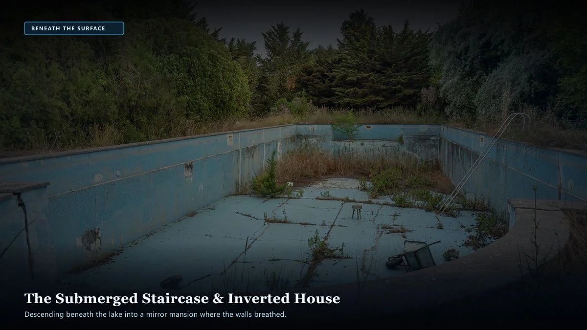 The House Beneath the Lake — Scene 5: The Flooded Staircase & The Inverted Mansion - The House Beneath the Lake Horror Movie Scene Still 4K Wallpaper