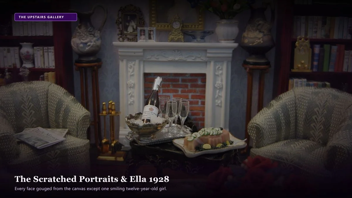The House That Remembered — Scene 2: The Scratched Family Portraits & Ella 1928 - The House That Remembered Horror Movie Scene Still 4K Wallpaper