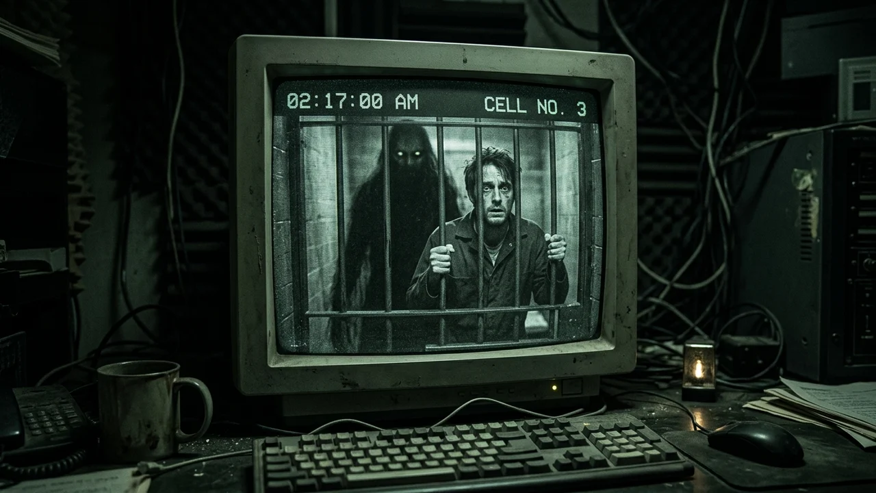The Last Lock-Up — Scene 6: 02:17 AM CCTV Security Footage & The Shadow Figure - The Last Lock-Up Horror Movie Scene Still 4K Wallpaper