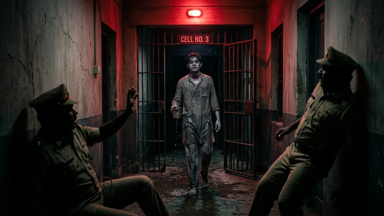 The Last Lock-Up — Scene 11: The Crimson Corridor & Arjun's Confrontation - The Last Lock-Up Horror Movie Scene Still 4K Wallpaper