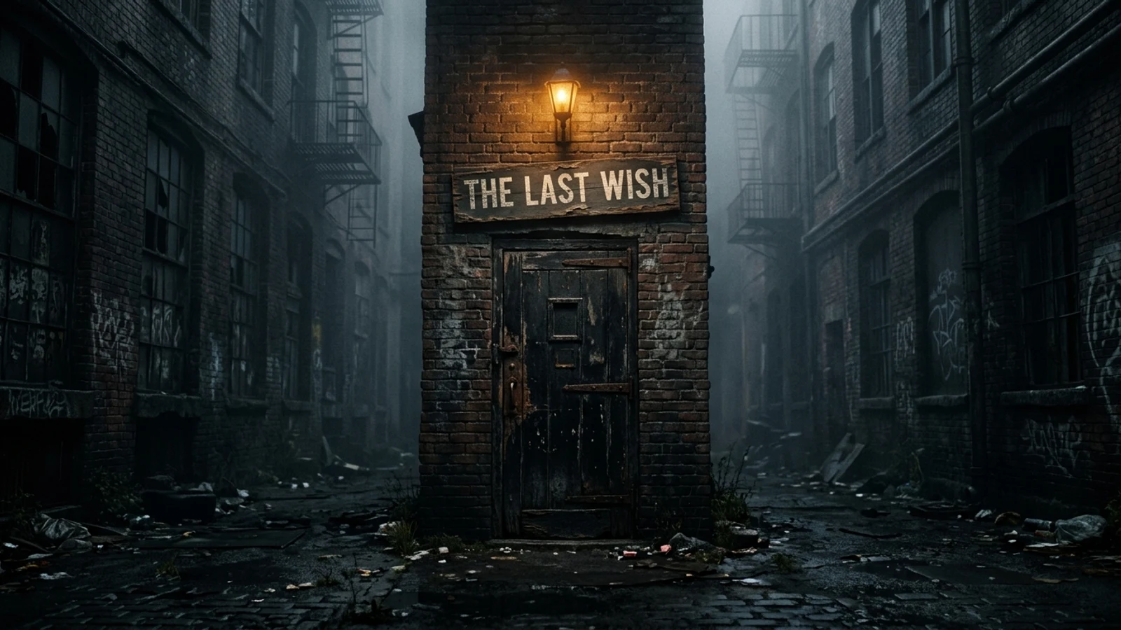 The Last Wish — Scene 1: The Narrow Black Door Between Abandoned Buildings - The Last Wish Horror Movie Scene Still 4K Wallpaper