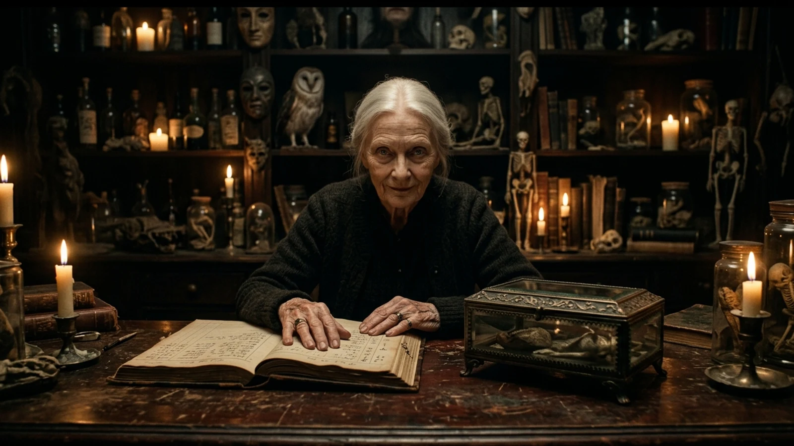 The Last Wish — Scene 2: The Old Woman Behind the Mahogany Counter - The Last Wish Horror Movie Scene Still 4K Wallpaper