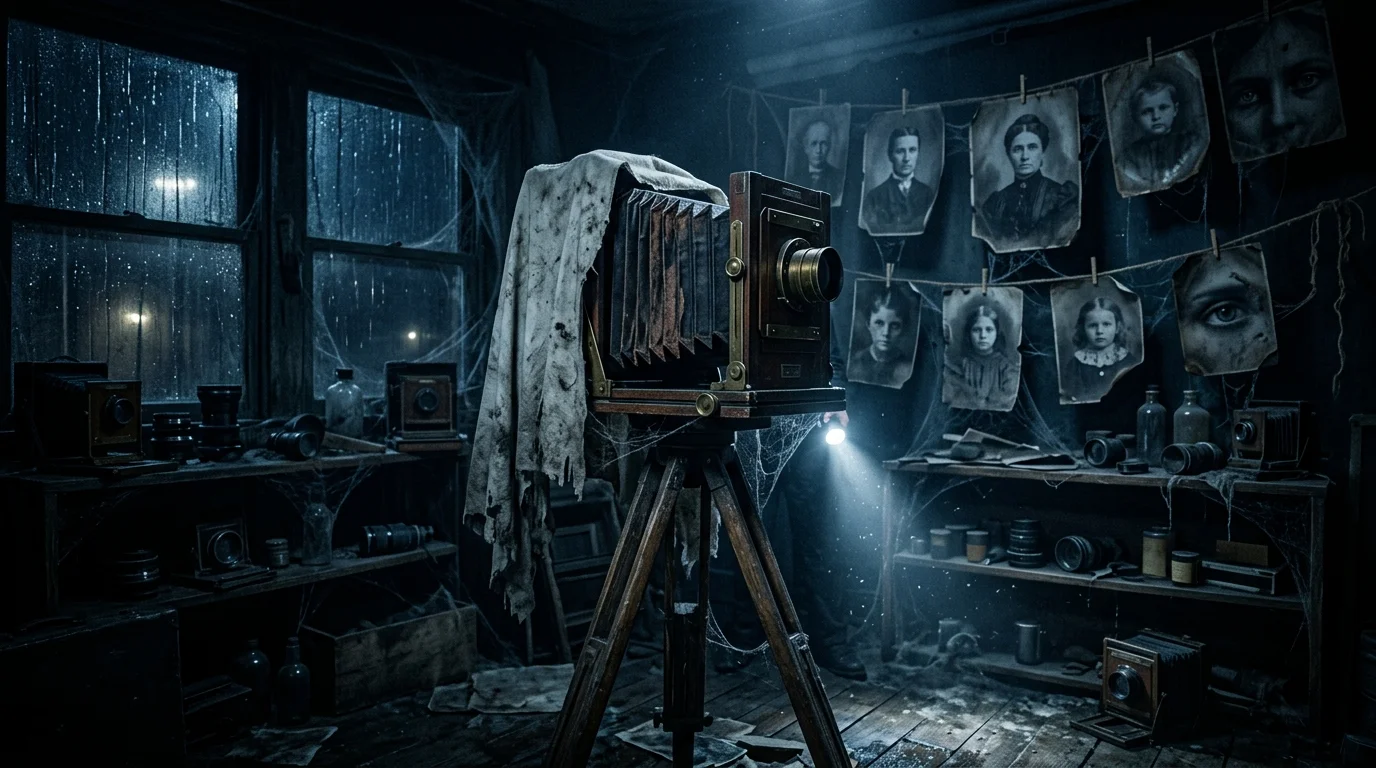 The Photograph That Loved Her — Scene 1: The Abandoned Studio & Giant Camera - The Photograph That Loved Her Horror Movie Scene Still 4K Wallpaper