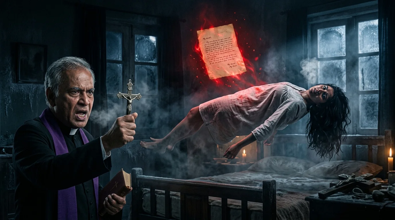 The Possessed Love Letter — Scene 5: The Floating Blood Letter and Exorcism - The Possessed Love Letter Horror Movie Scene Still 4K Wallpaper