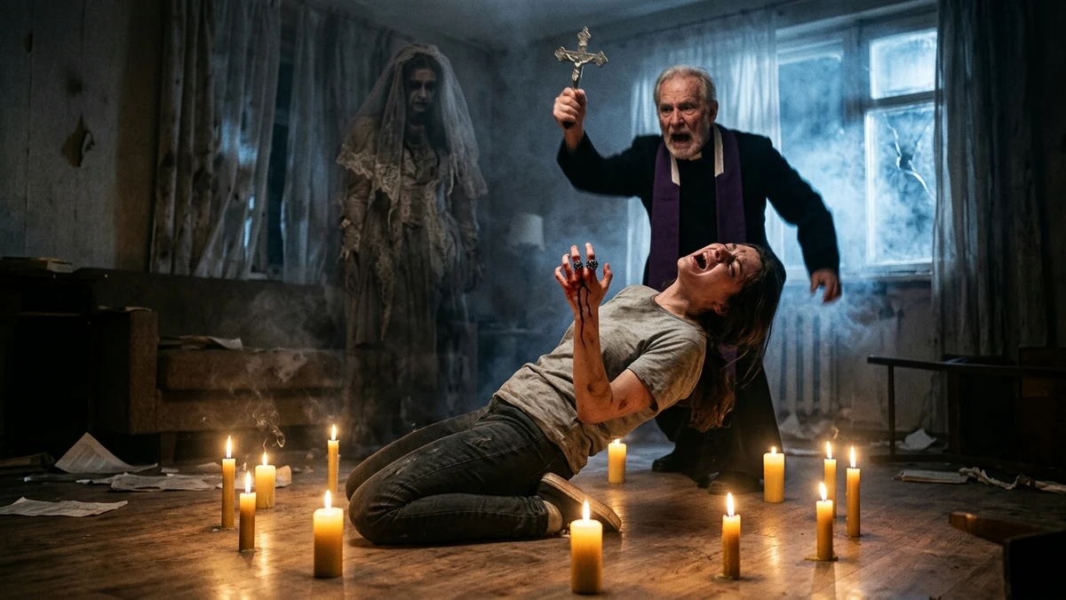 The Ring That Chose Her — Scene 4: Father Daniel's Exorcism & The Bloody Bride - The Ring That Chose Her Horror Movie Scene Still 4K Wallpaper