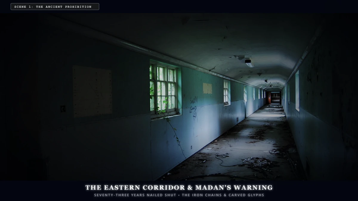 The Room That Must Never Be Opened — Scene 1: The Eastern Corridor & Madan's Warning - The Room That Must Never Be Opened Horror Movie Scene Still 4K Wallpaper