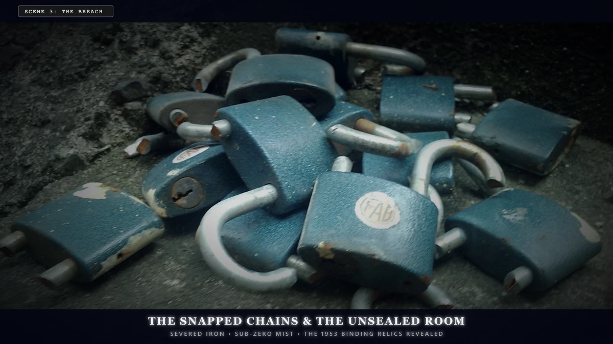 The Room That Must Never Be Opened — Scene 3: The Snapped Chains & The Ajar Door - The Room That Must Never Be Opened Horror Movie Scene Still 4K Wallpaper