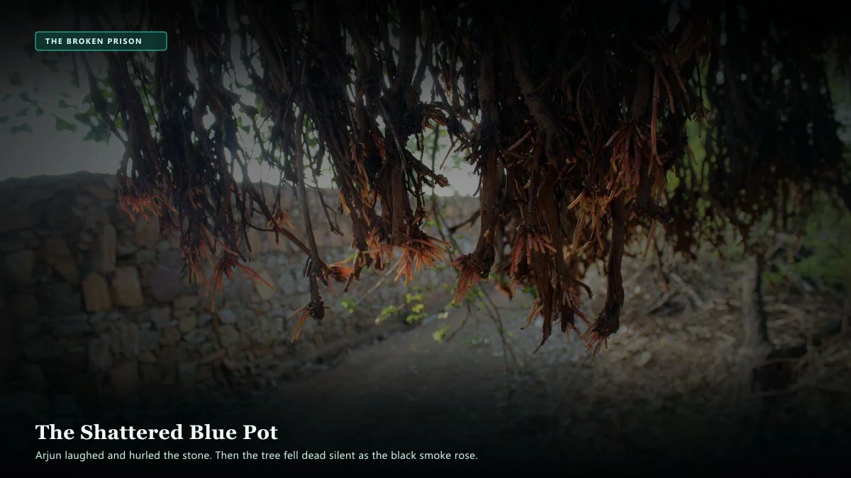 The Tree of a Hundred Souls — Scene 2: The Shattered Blue Pot & Rising Smoke - The Tree of a Hundred Souls Horror Movie Scene Still 4K Wallpaper