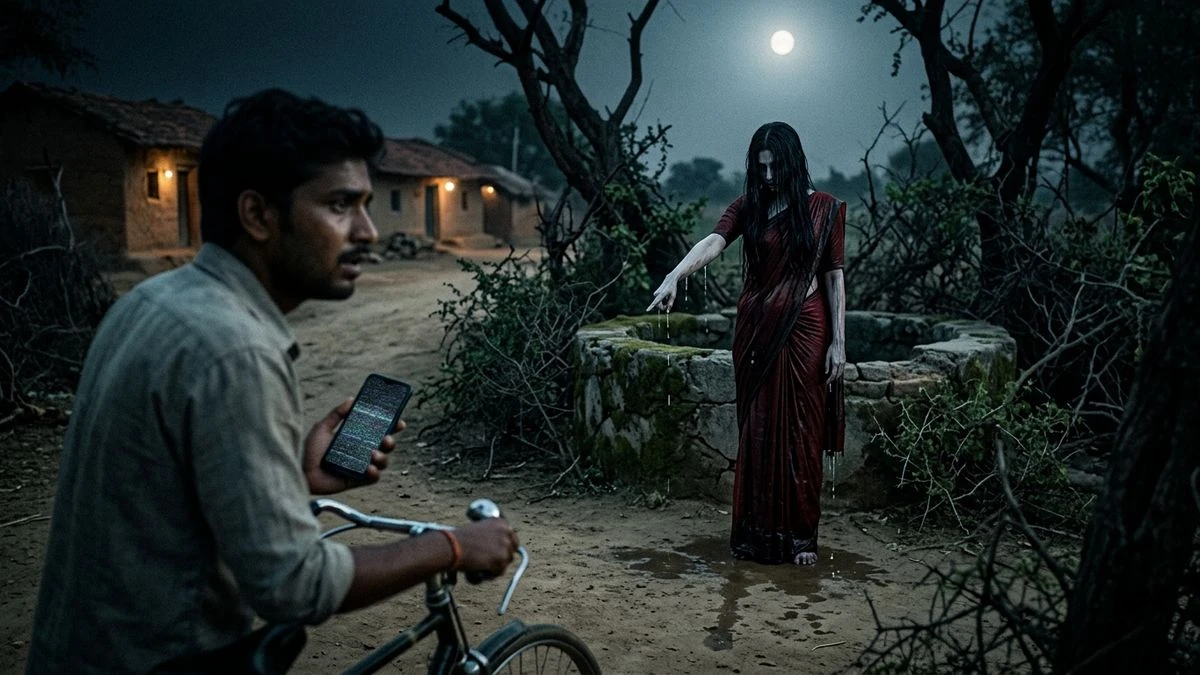 The Well Behind the Village — Scene 1: The Woman in the Red Sari by Kaali Kuan - The Well Behind the Village Horror Movie Scene Still 4K Wallpaper