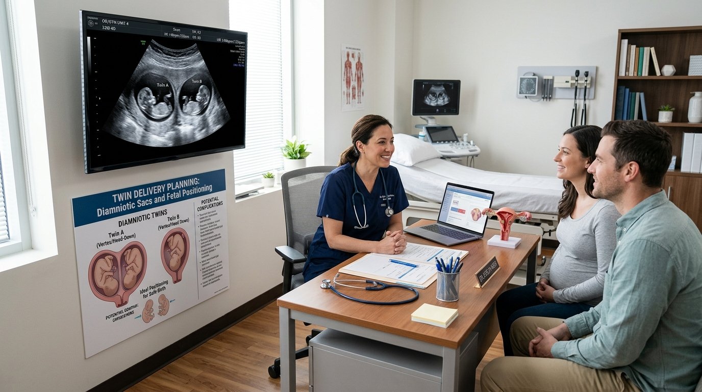 Twin Pregnancy Delivery Options: Diamniotic Sacs and Vertex Positioning Twin pregnancy ultrasound scan and delivery planning consultation chart showing diamniotic twin sacs and Twin A vertex head-down position