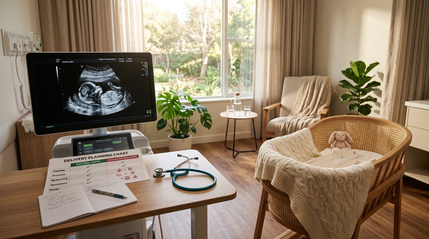 Vaginal vs. C-Section Delivery Planning and Indications Guide Vaginal vs C-section delivery planning chart comparing natural birth and cesarean delivery options in maternity hospital suite with ultrasound scan and newborn bassinet