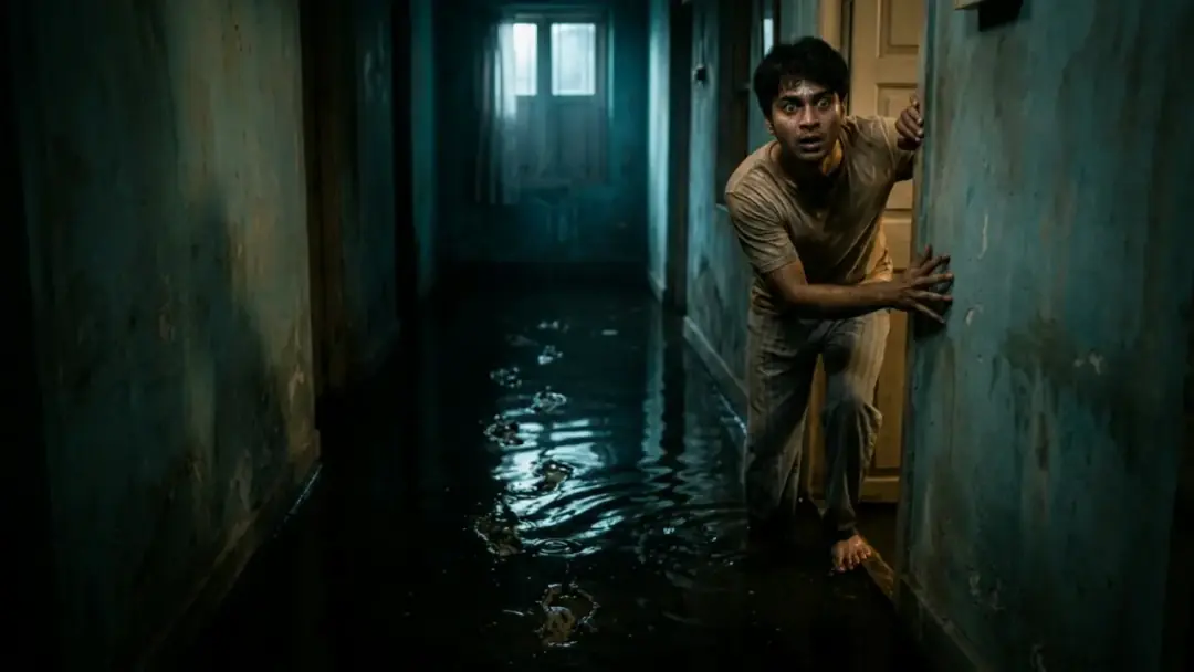 Scene 2: The 2:13 A.M. Phantom Flood & Wet Footsteps - The Water That Came Home Scene 2: The 2:13 A.M. Phantom Flood & Wet Footsteps - The Water That Came Home Horror Movie Scene Still 4K Wallpaper