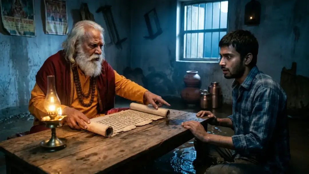 Scene 4: Pandit Ji Unrolls Ancient Sacred Manuscripts - The Water That Came Home Scene 4: Pandit Ji Unrolls Ancient Sacred Manuscripts - The Water That Came Home Horror Movie Scene Still 4K Wallpaper